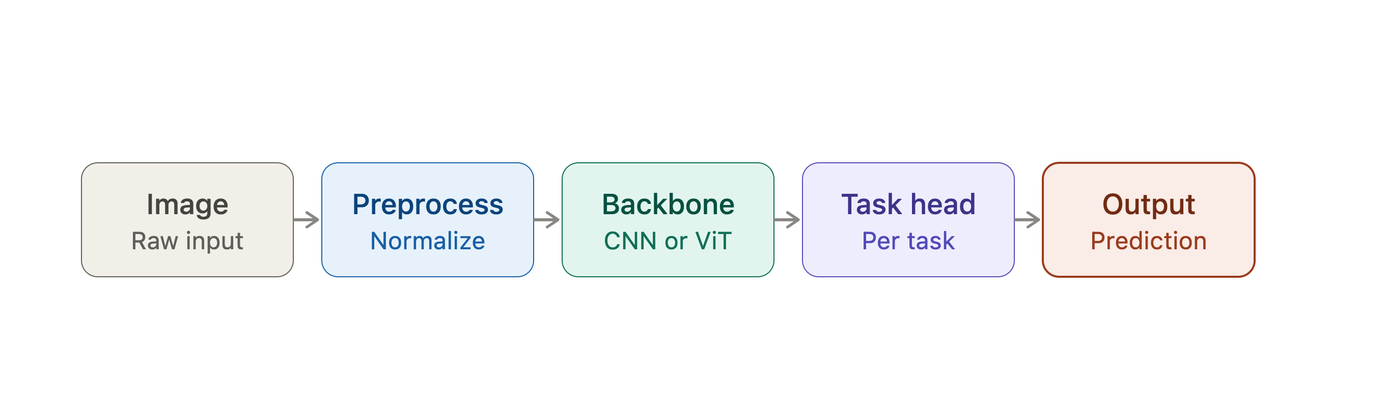 Computer vision pipeline diagram: image through preprocessing, backbone, task head, to prediction output